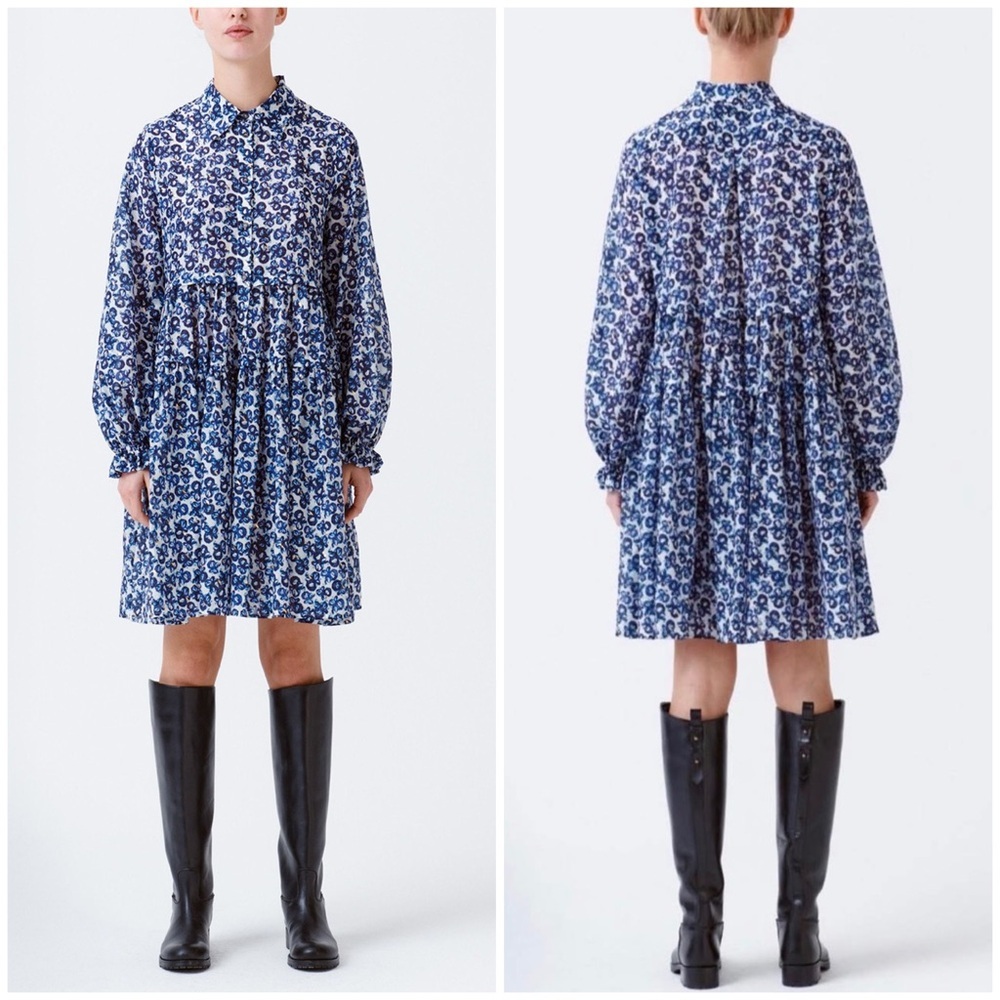 Munthe Rita Floral Dot Long Sleeve Organic Cotton Silk Blend Shirt Dress in Navy
